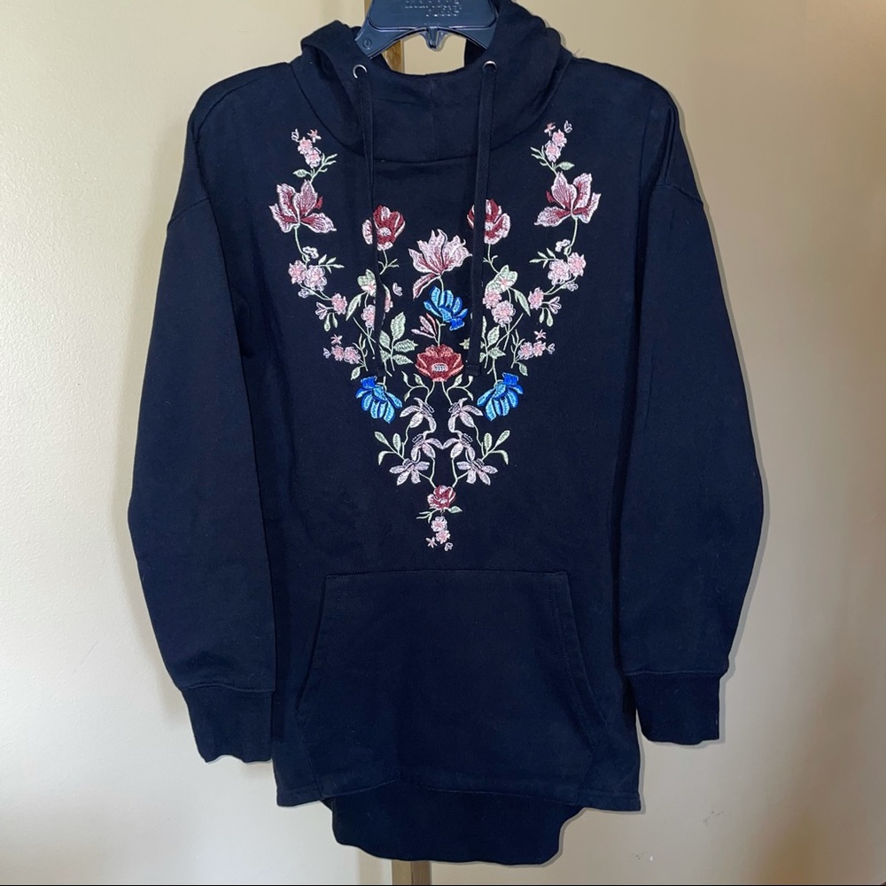 Cotton On Embroidered Black Pink Blue Floral Hooded Pullover Hoodie